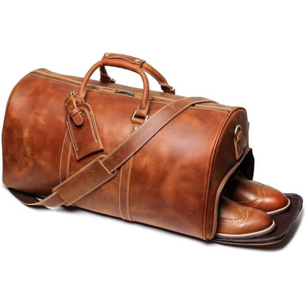 Leather Travel Duffel Bag, Mens Classic Gift Leather Weekend Bag Overnight